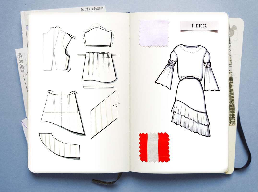 Skirt and Blouse pattern pieces and Fashion Flat sketch