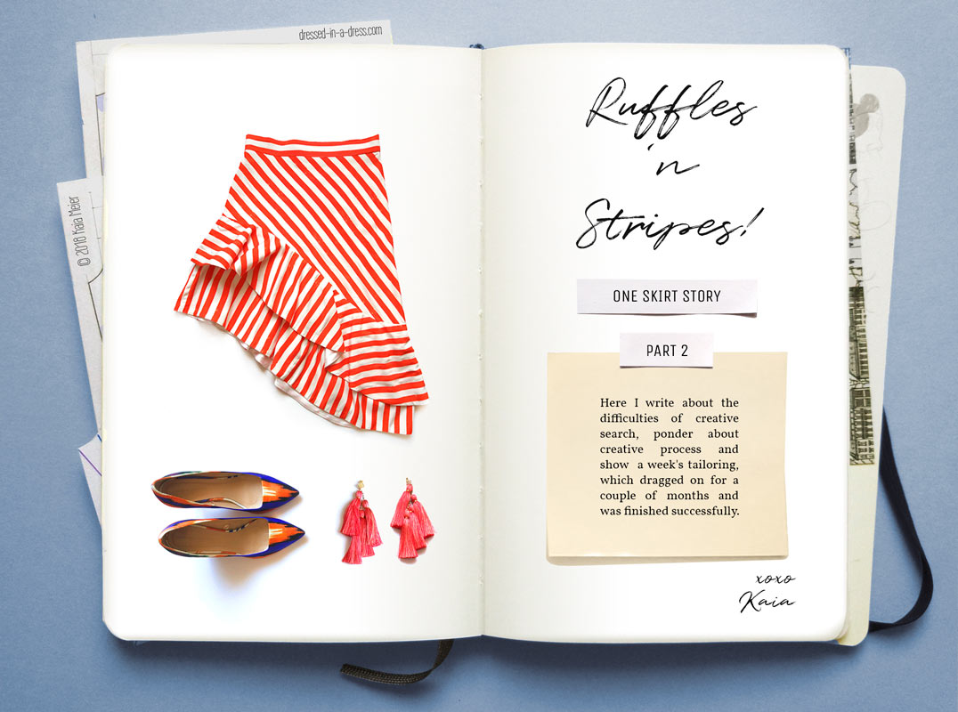 Open notebook pages with notes and a skirt image