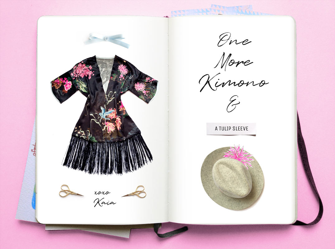 Open notebook pages with a black silky kimono image