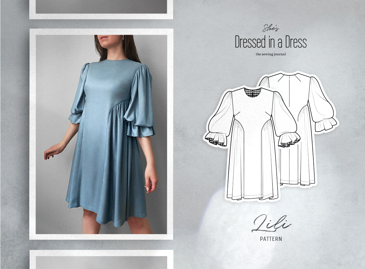 Main view of the Lili Dress Sewing Pattern in dusty blue viscose. Main view of the Lili Dress Sewing Pattern in dusty blue viscose.