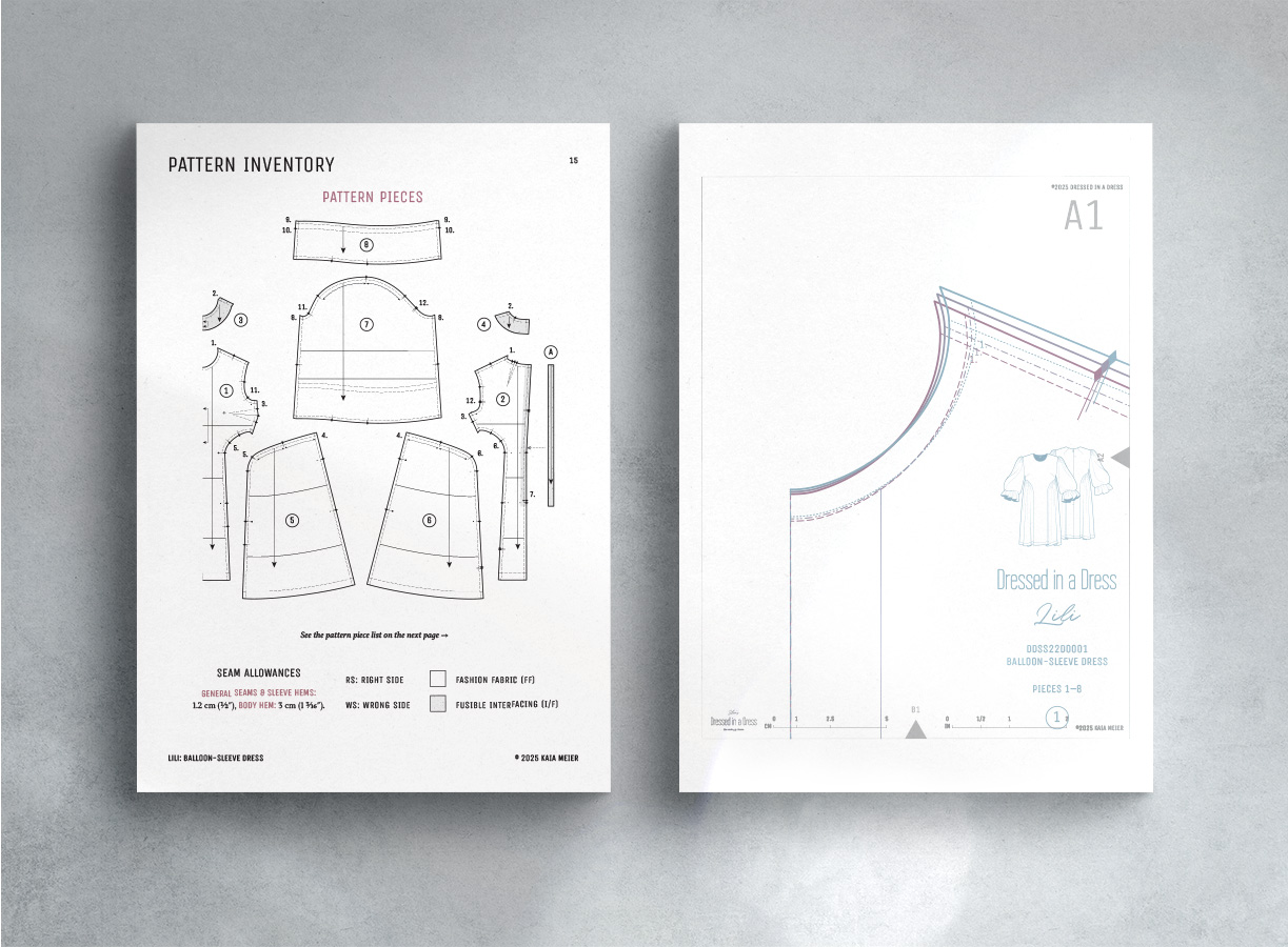 Pattern pieces and tilled pattern of the Lili Dress Sewing Pattern.
