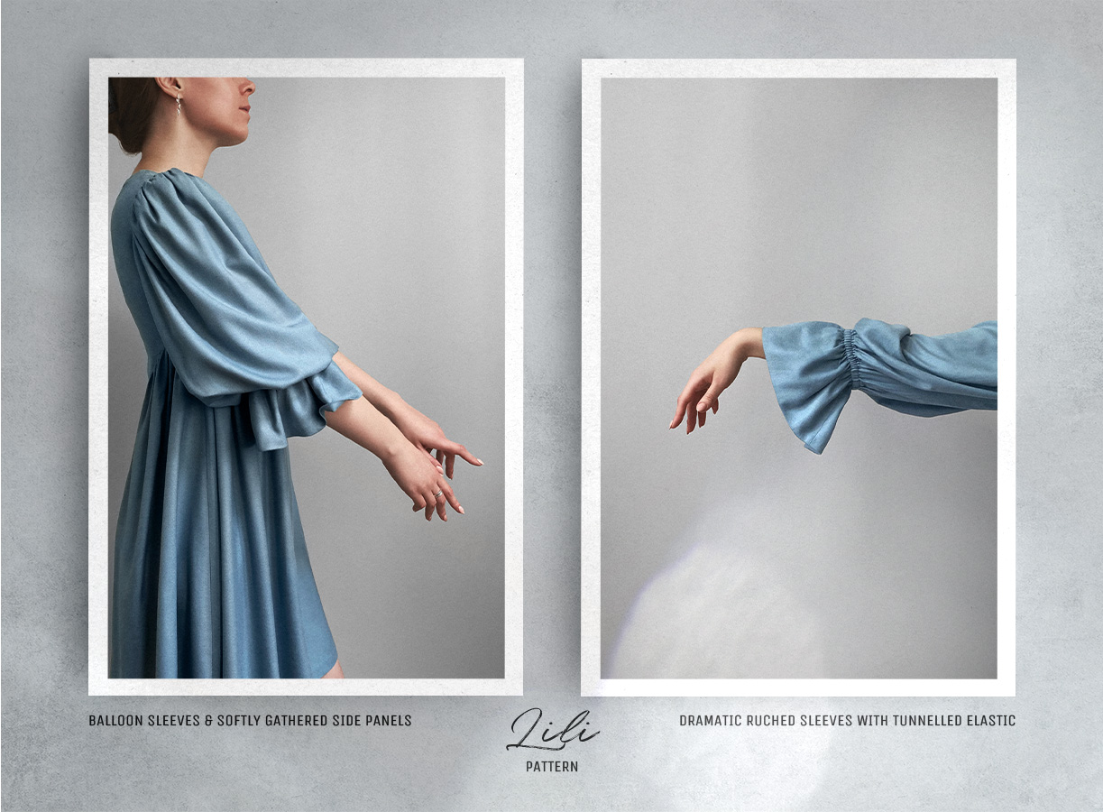 Side view and cuff detail of the Lili Dress Sewing Pattern. Side view and cuff detail of the Lili Dress Sewing Pattern.