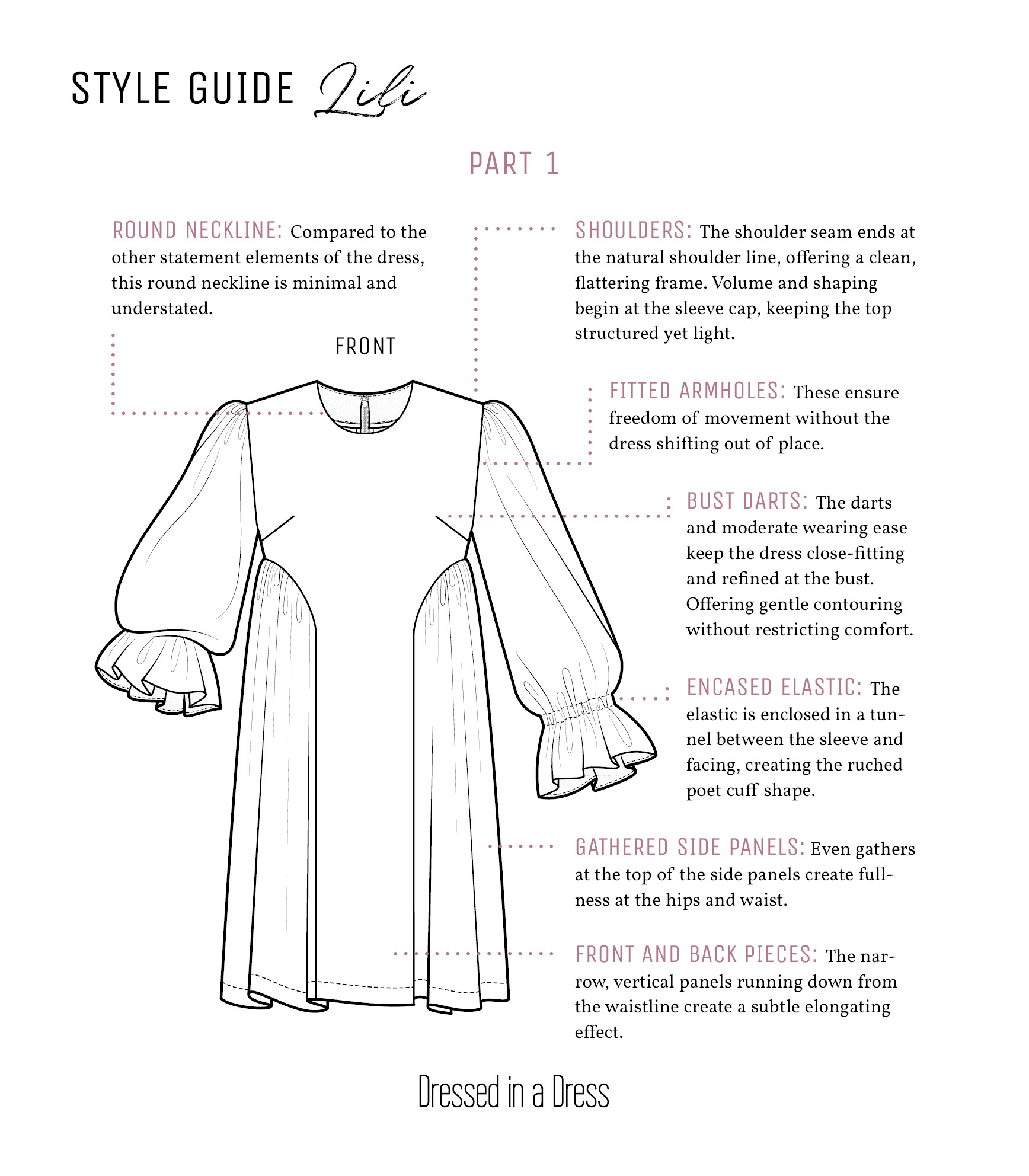 Style guide page 1 for the Lili Dress Sewing Pattern.