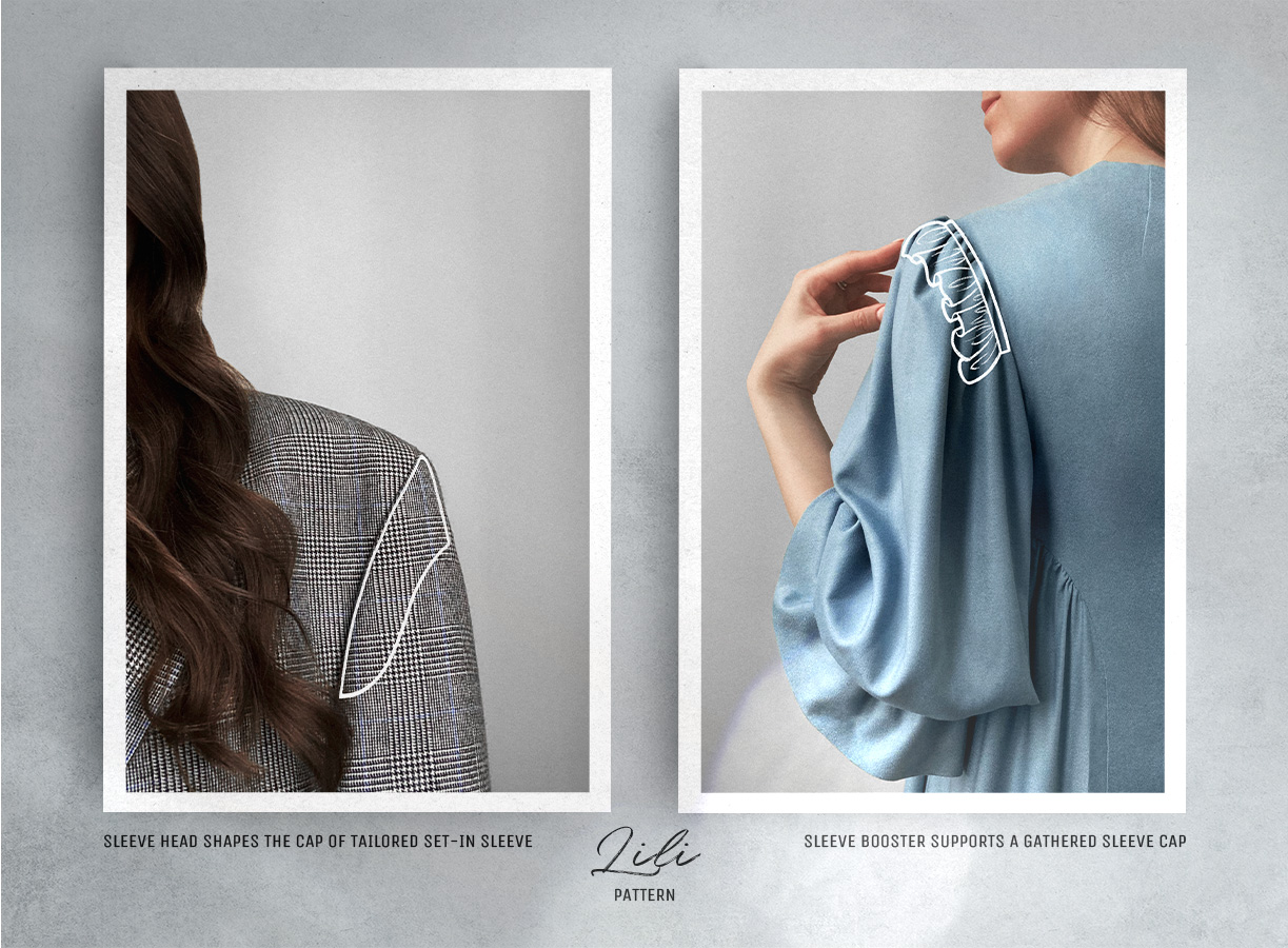 Comparison of a tailored jacket sleeve head and a sleeve booster for a gathered cap. Comparison of a tailored jacket sleeve head and a sleeve booster for a gathered cap.