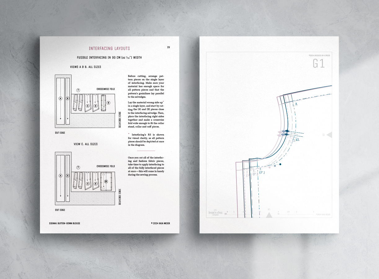 Cutting layout and tilled pattern of the Sienna Blouse Sewing Pattern.