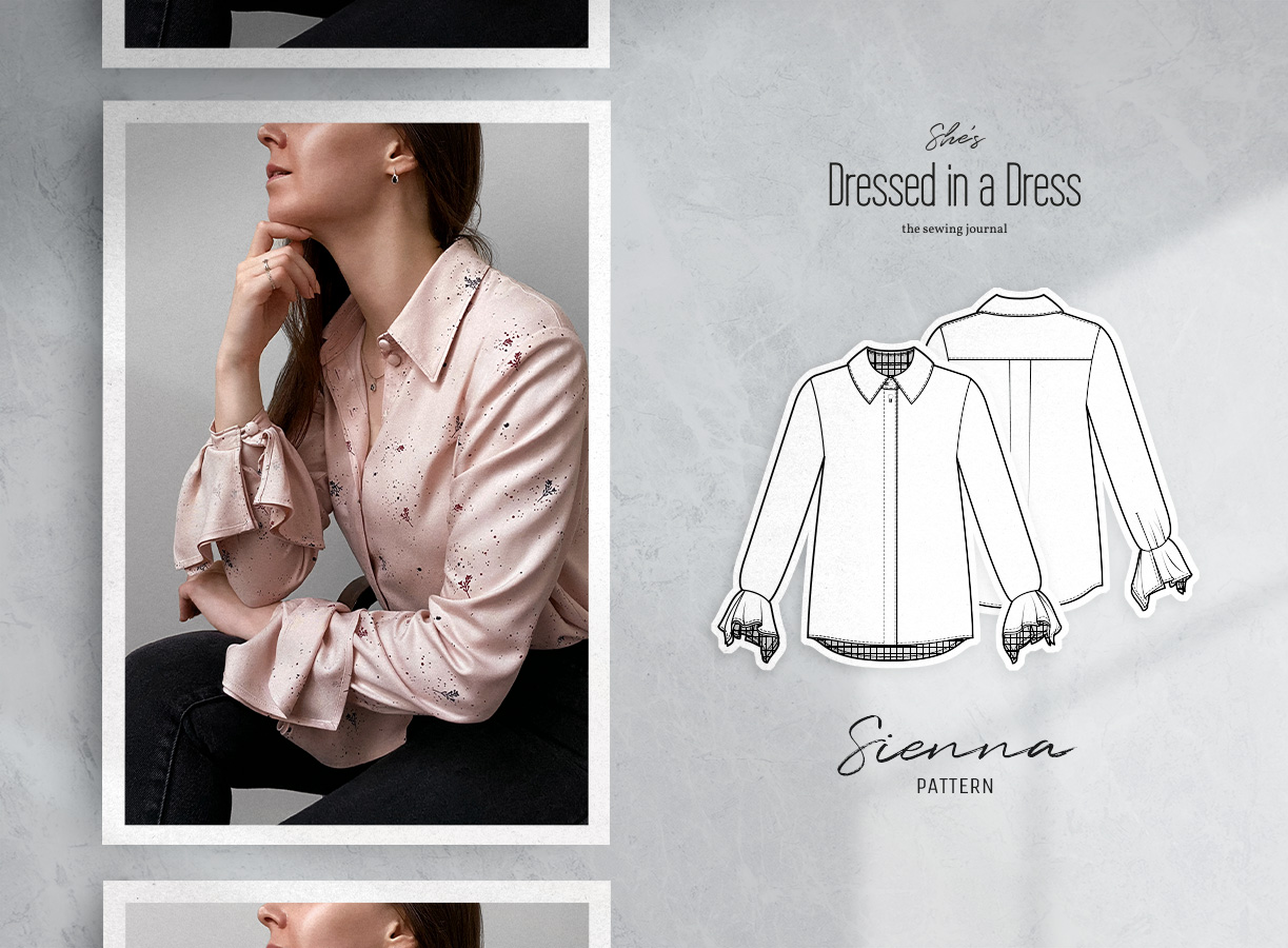 Main view of the Sienna Blouse Sewing Pattern (View A) in blush viscose. Main view of the Sienna Blouse Sewing Pattern (View A) in blush viscose.