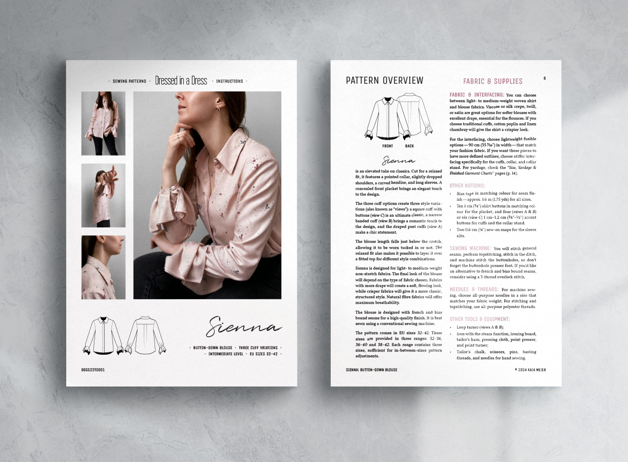 Overview of the Sienna Blouse Sewing Pattern PDF pages.