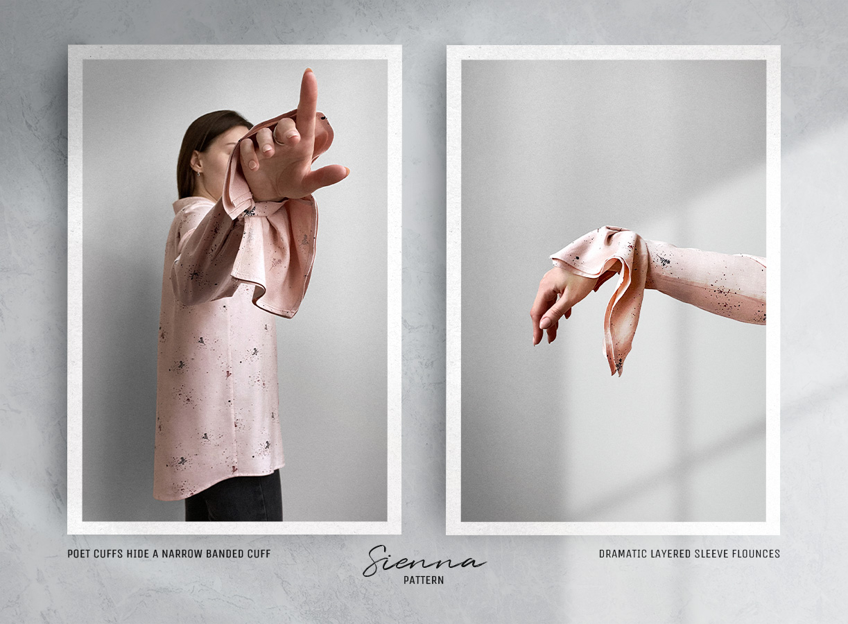 Side view and cuff detail of the Sienna Blouse Sewing Pattern (View A). Side view and cuff detail of the Sienna Blouse Sewing Pattern (View A).