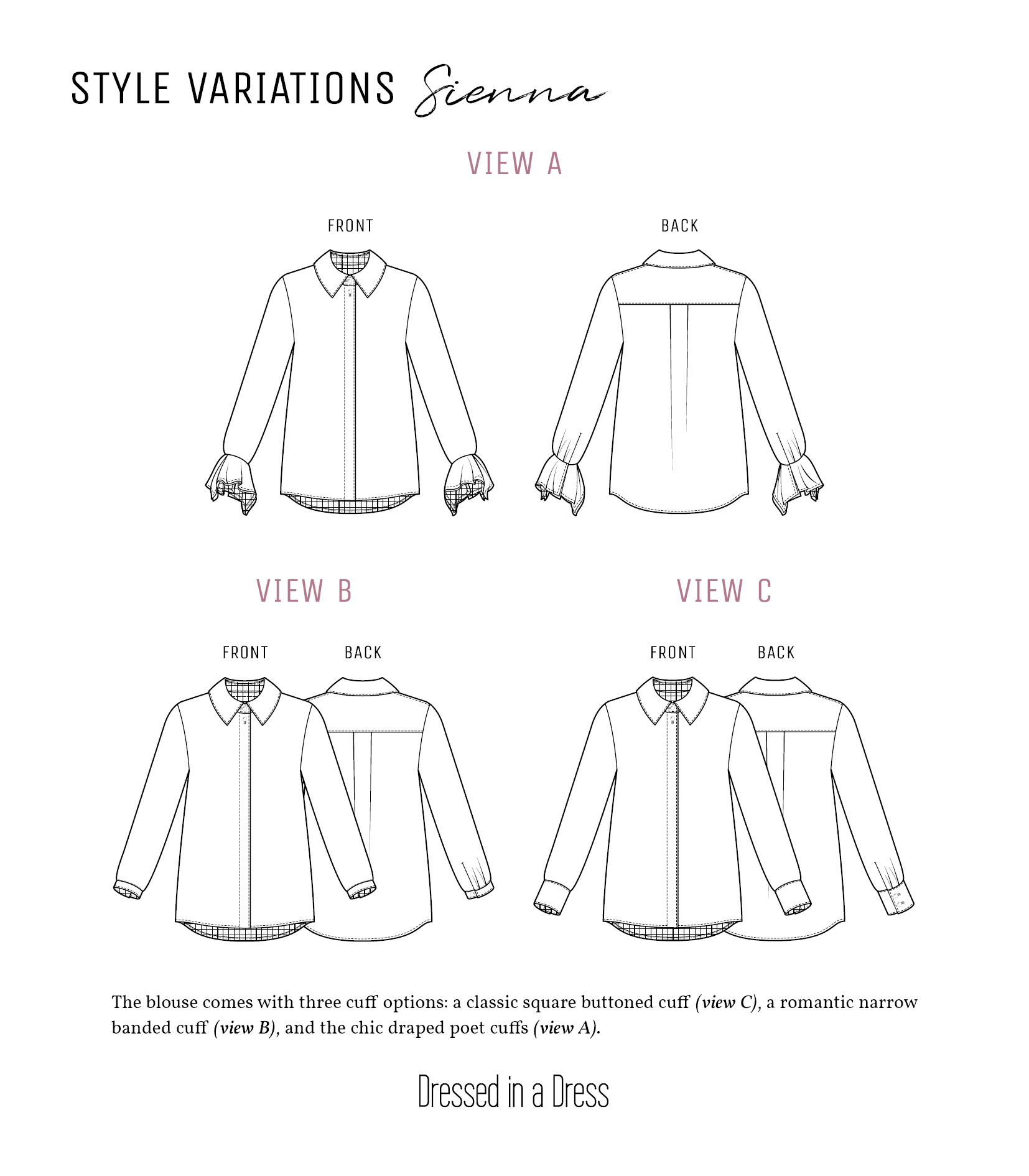 Style variations of the Sienna Blouse Sewing Pattern.