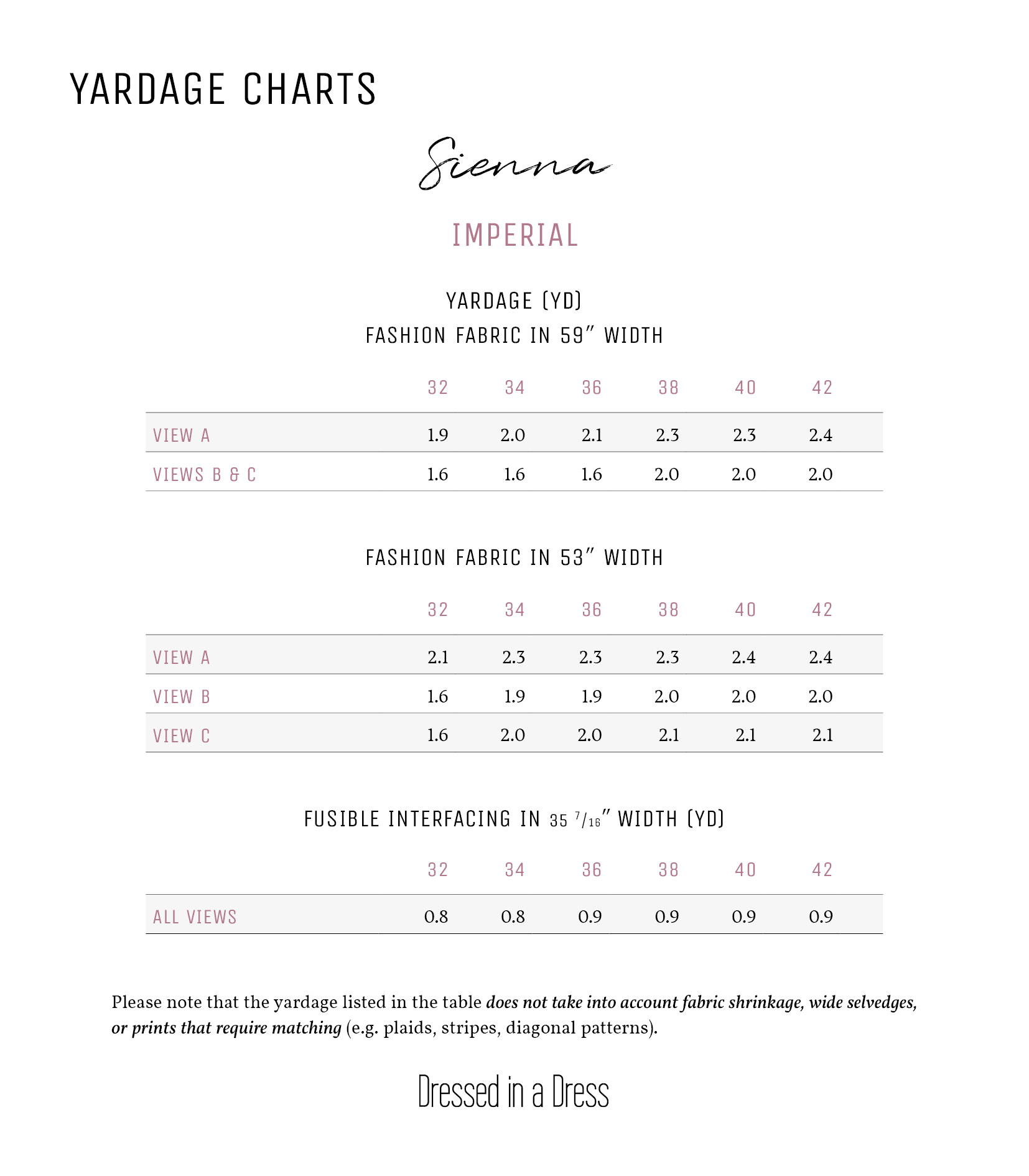 Imperial fabric yardage chart for the Sienna Blouse Sewing Pattern. Imperial fabric yardage chart for the Sienna Blouse Sewing Pattern.