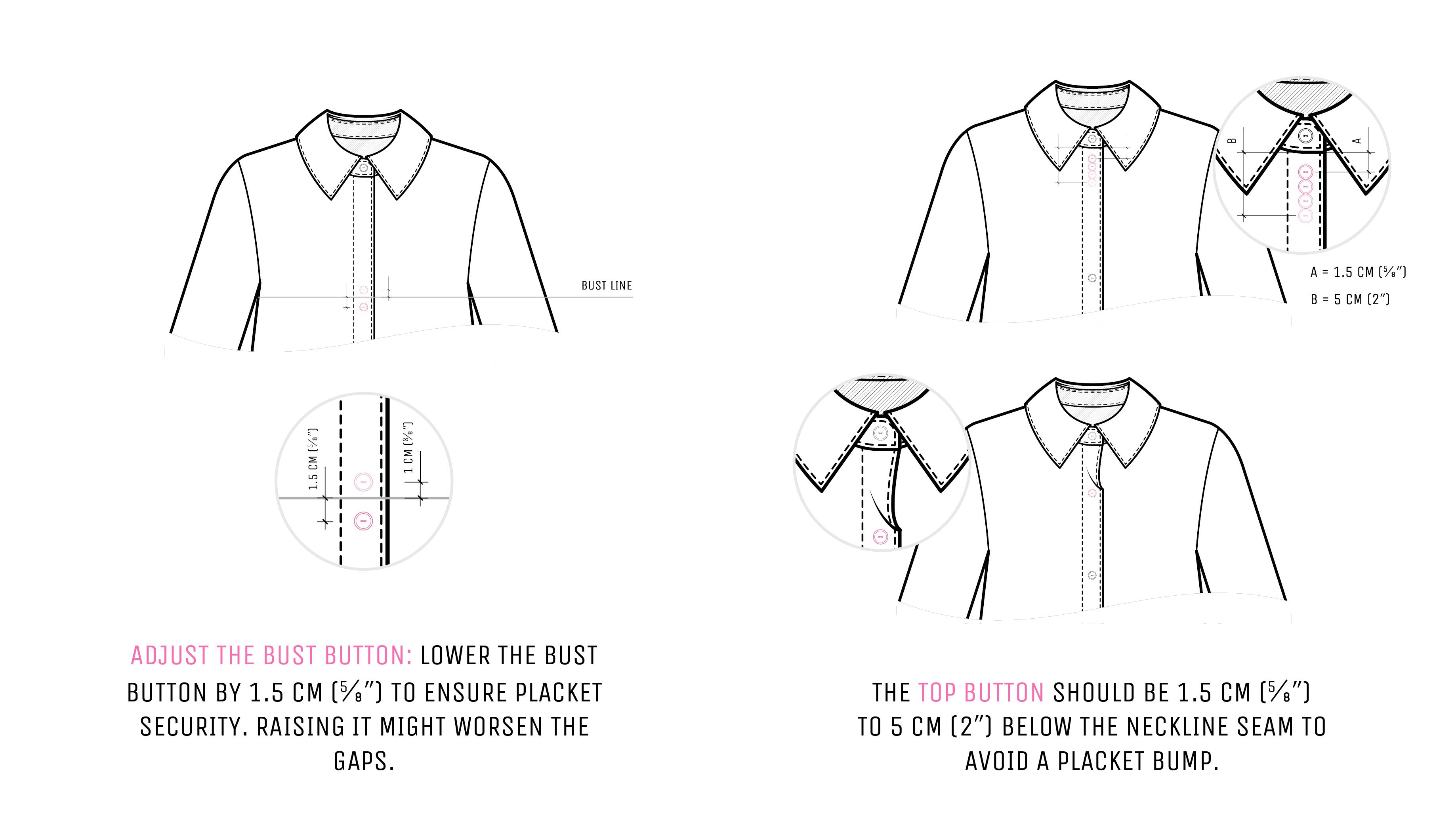 Diagram explaining button placement and bust alignment on a shirt front. Diagram explaining button placement and bust alignment on a shirt front.