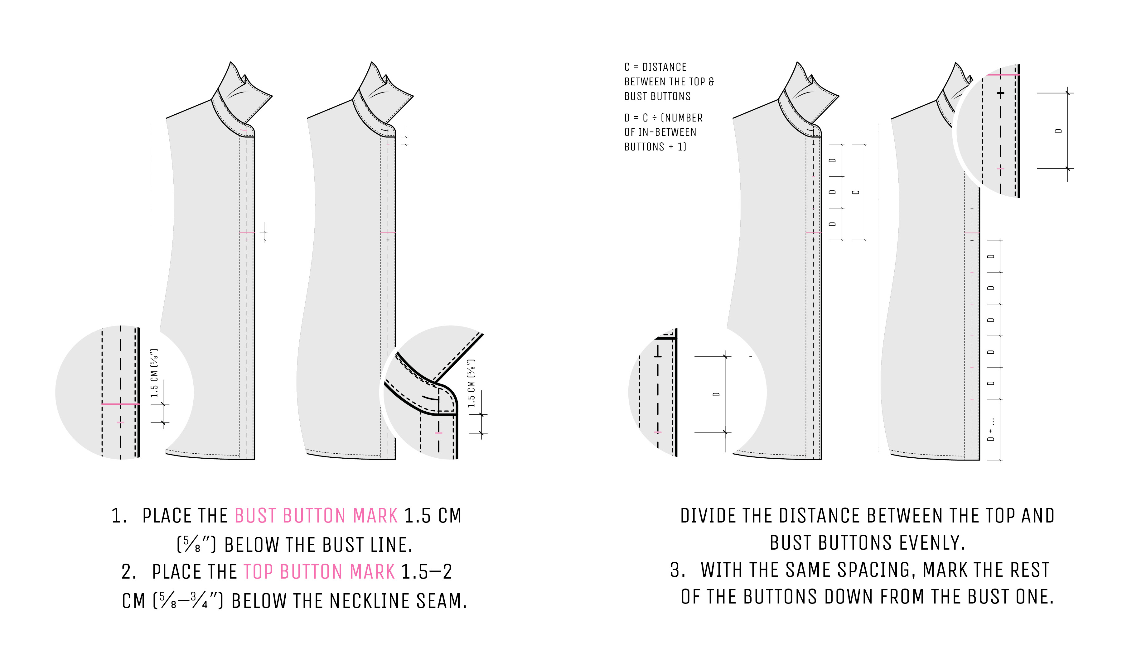 Diagram showing how to evenly respace shirt buttons. Diagram showing how to evenly respace shirt buttons.