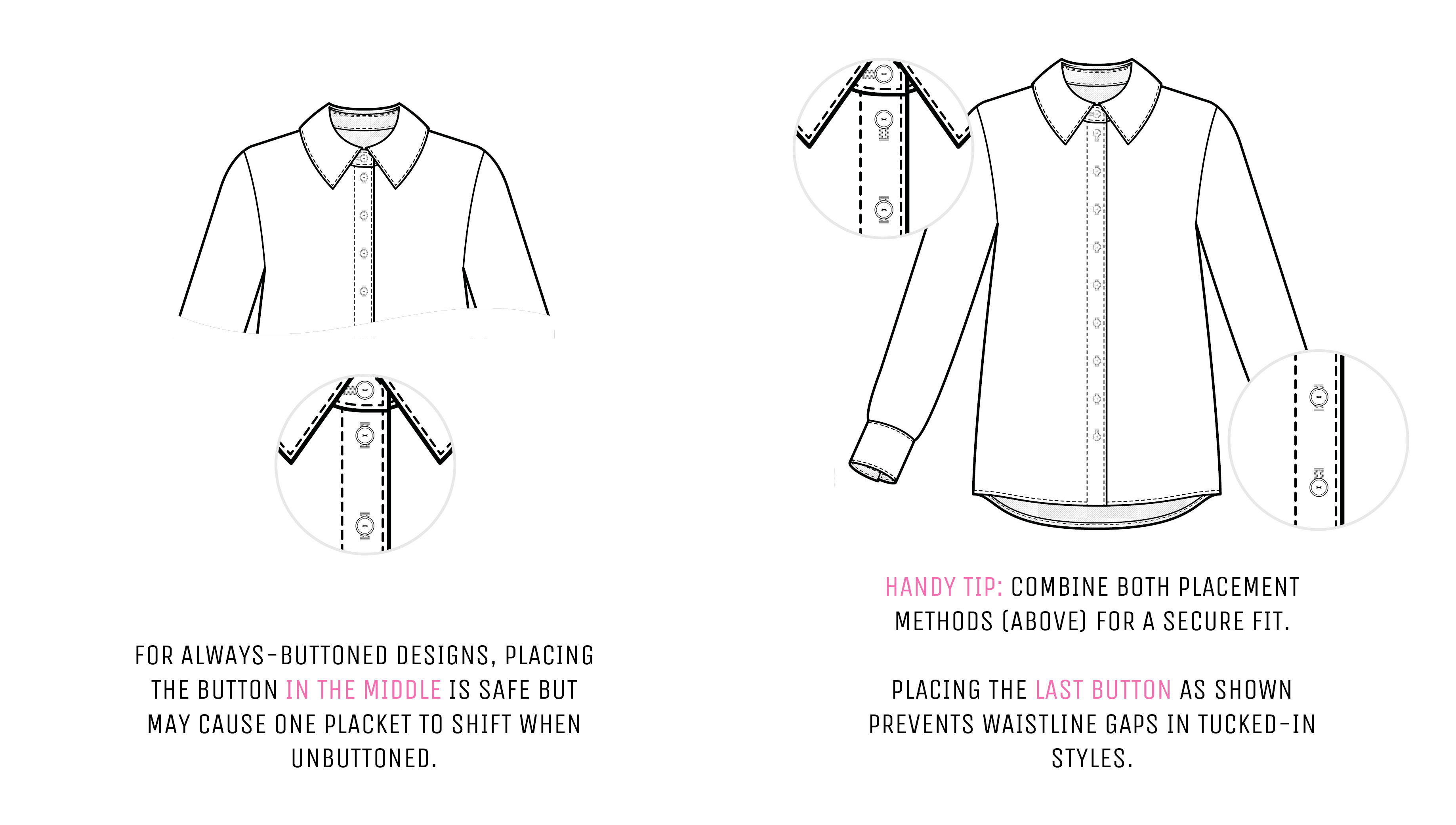 Illustration showing buttonhole placement step 2 on a shirt front. Illustration showing buttonhole placement step 2 on a shirt front.