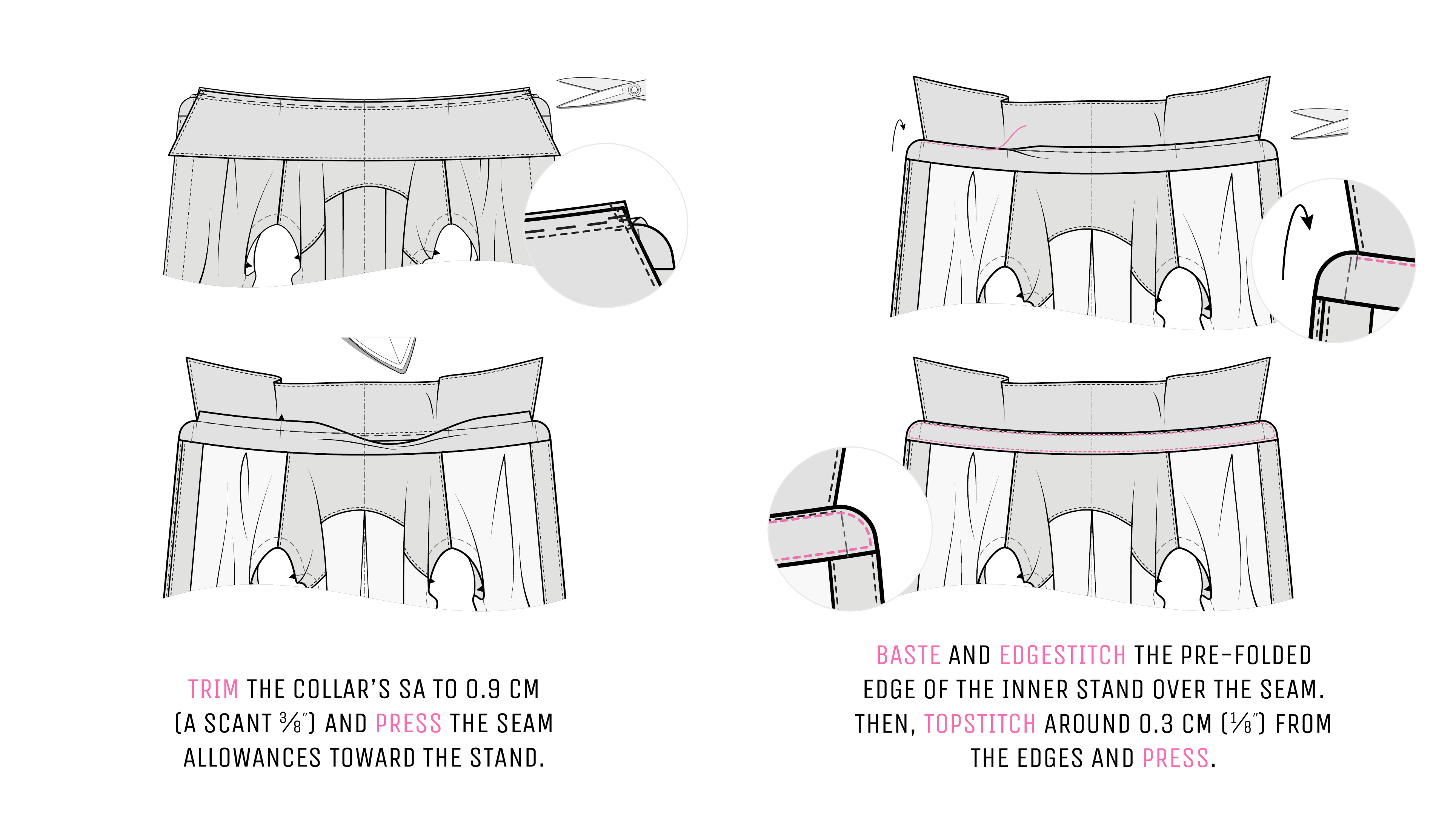 Illustration showing how to stitch the collar to the collar stand and how to edge-stitch and topstitch the collar stand. Illustration showing how to stitch the collar to the collar stand and how to edge-stitch and topstitch the collar stand.