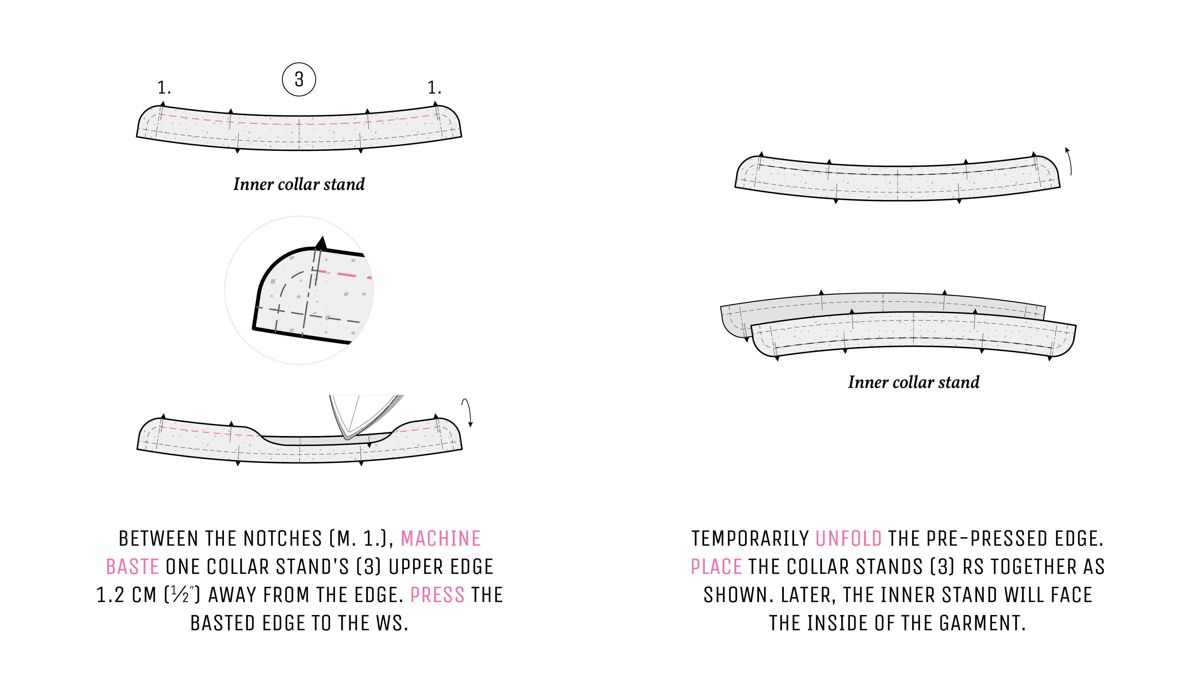 Illustration showing how to prepare the collar stand before attaching it to the neckline. Illustration showing how to prepare the collar stand before attaching it to the neckline.