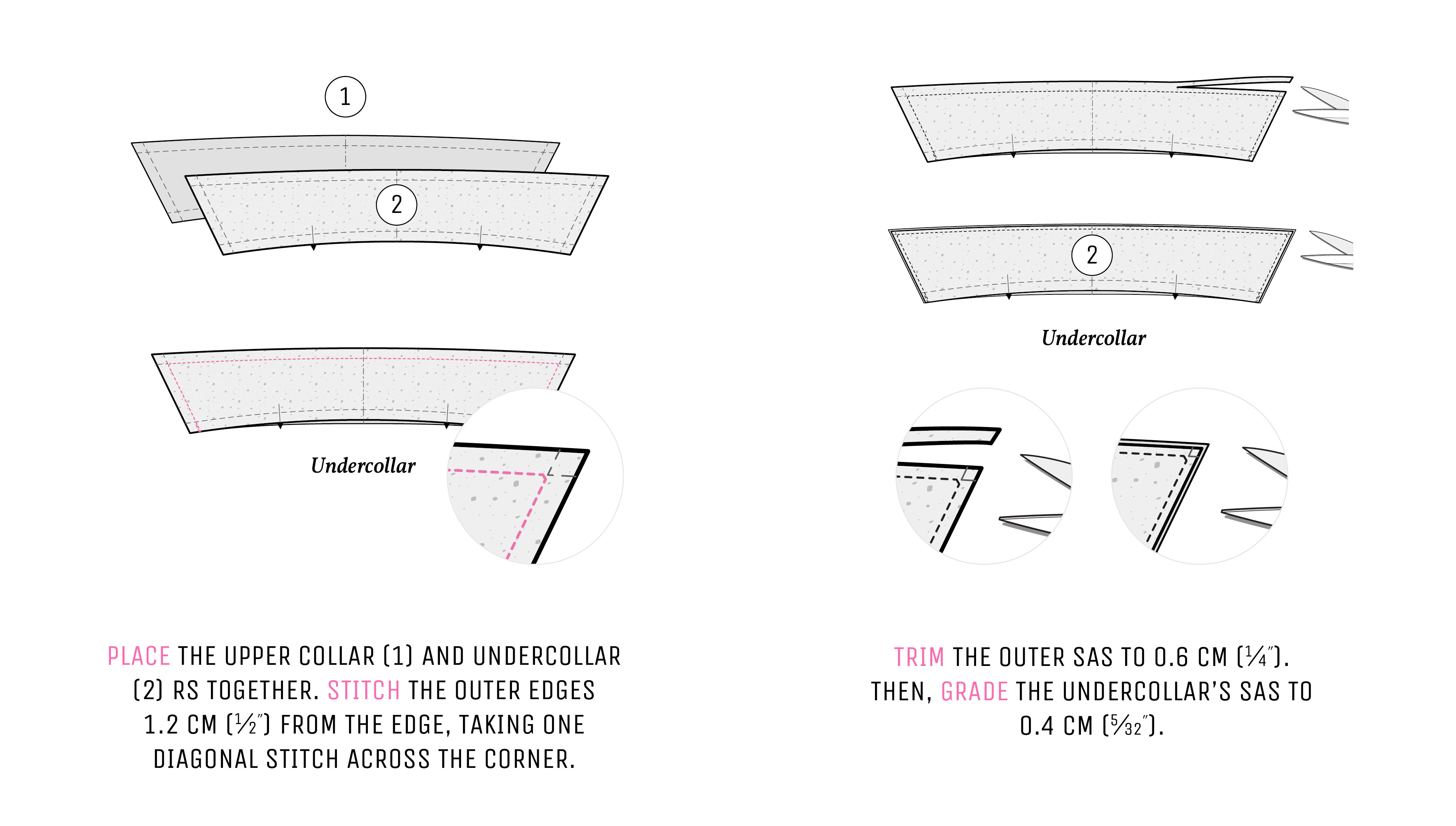 Illustration showing how to prepare and stitch the collar pieces. Illustration showing how to prepare and stitch the collar pieces.
