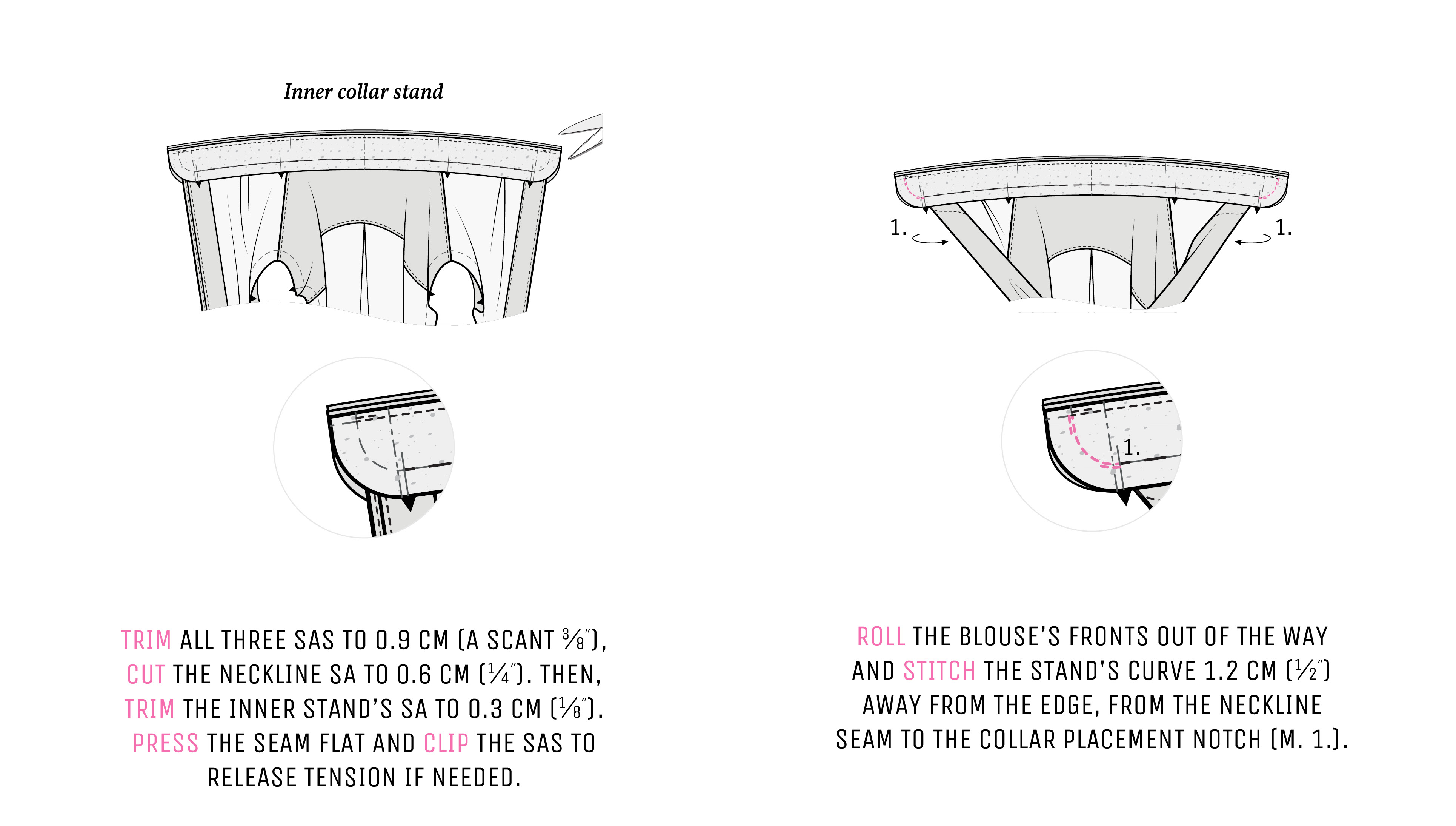 Illustration showing how to stitch the short edges of the collar stand. Illustration showing how to stitch the short edges of the collar stand.