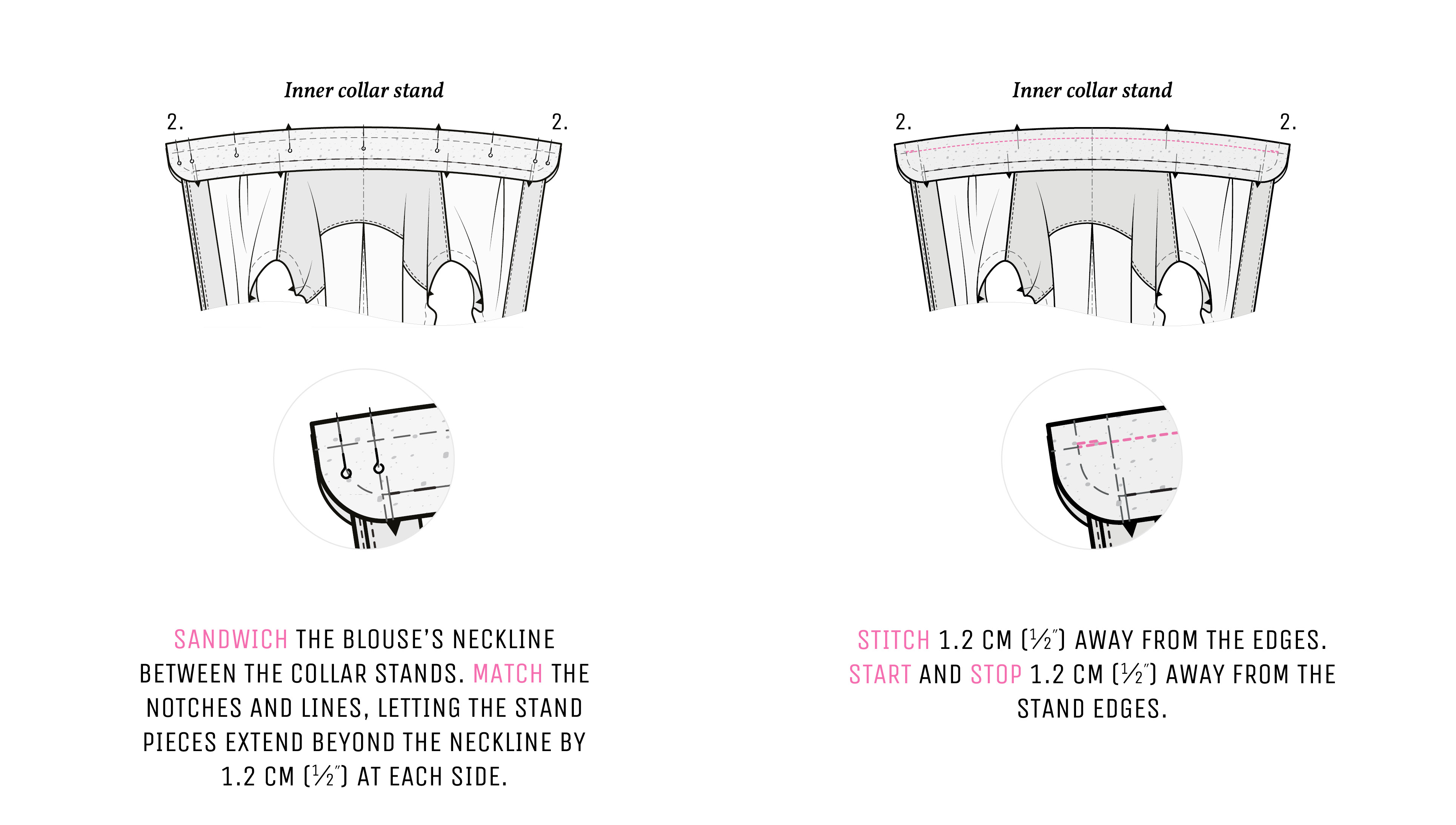 Illustration showing how to attach the collar stand to the neckline. Illustration showing how to attach the collar stand to the neckline.