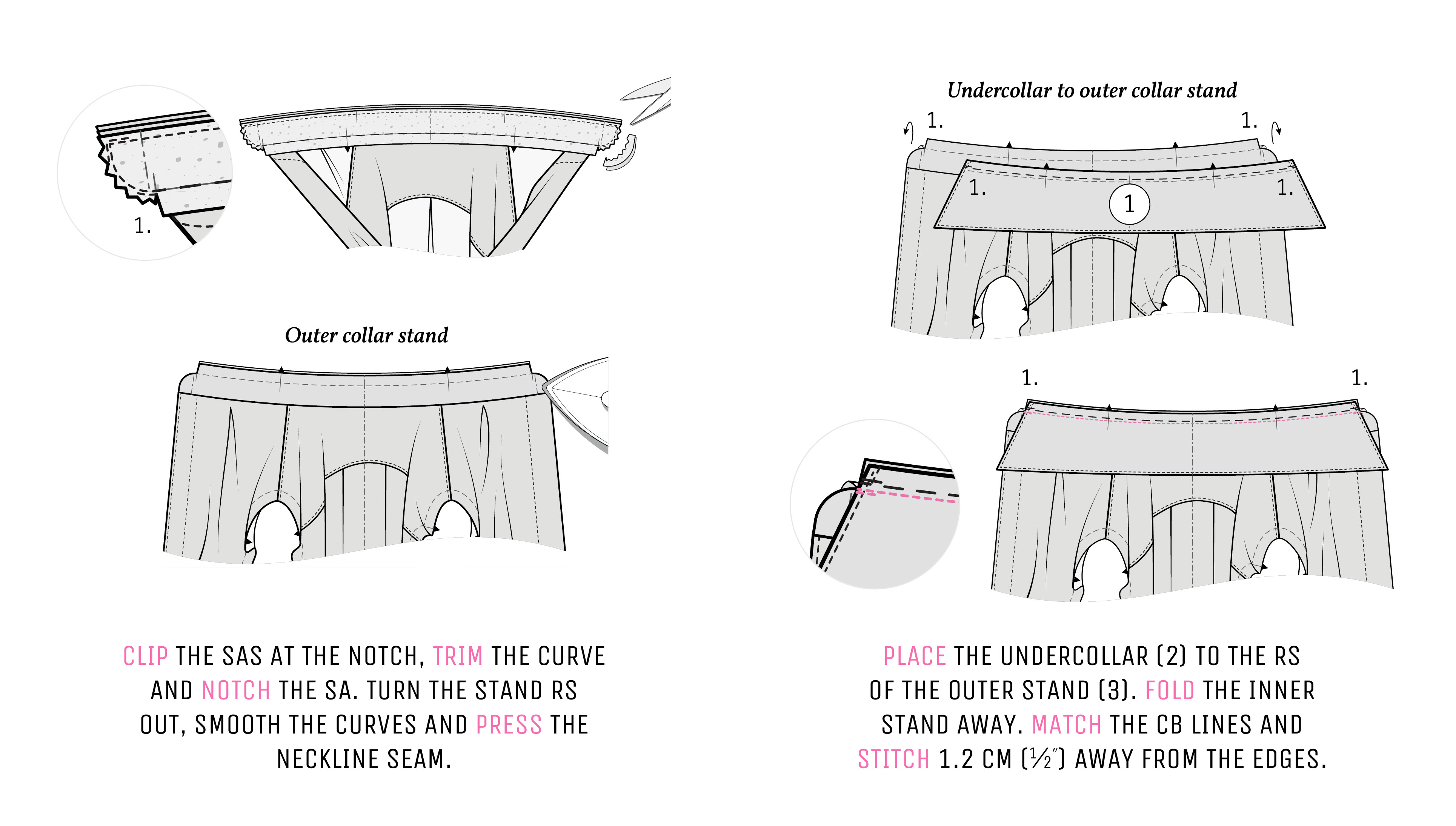 Illustration showing how to trim and press the neckline seam. Illustration showing how to trim and press the neckline seam.