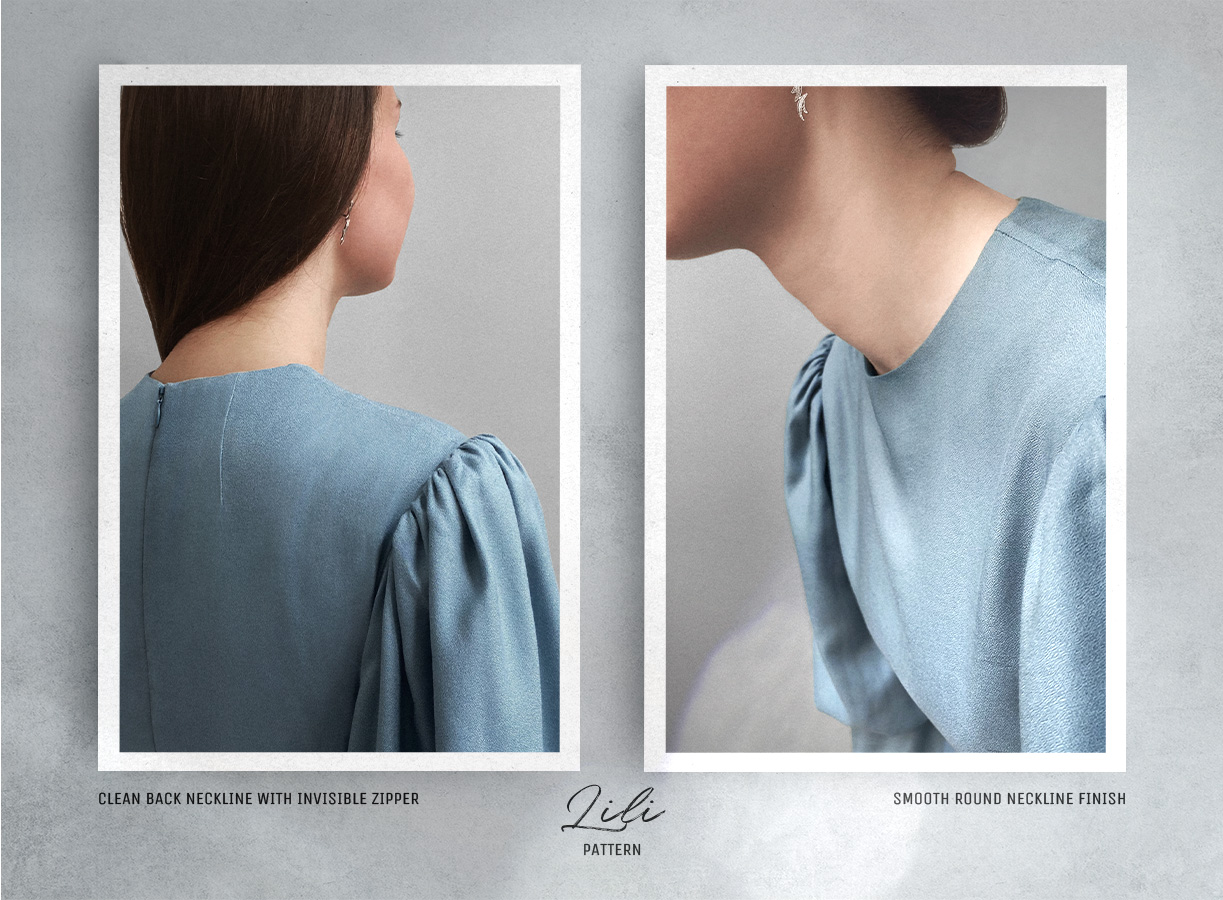 Front and back neckline detail of the Lili Dress Sewing Pattern. Front and back neckline detail of the Lili Dress Sewing Pattern.