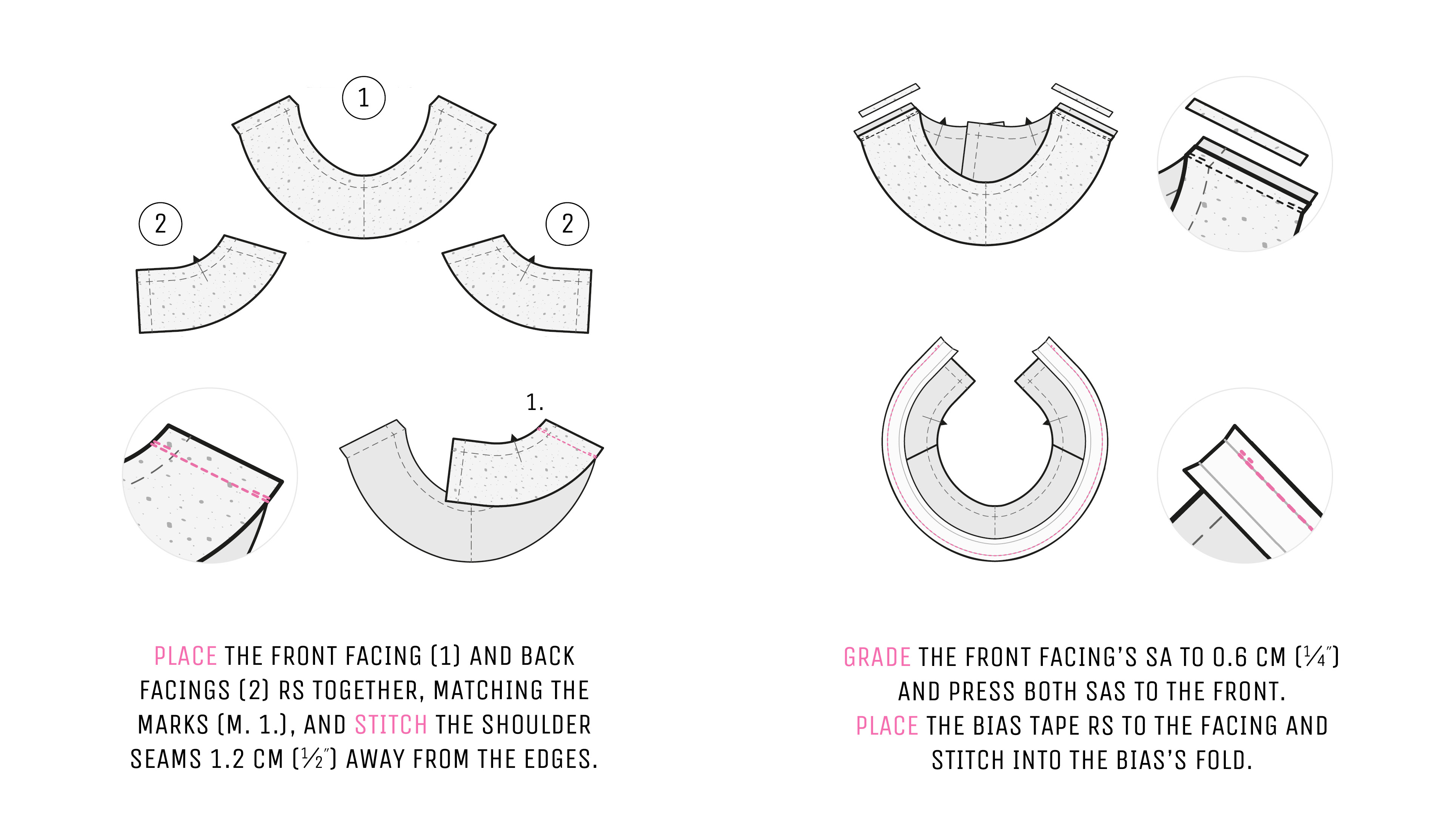 Step 1 — Preparing the neckline facing: interfacing and shoulder seams. Step 1.1 — Preparing the neckline facing: interfacing and shoulder seams.